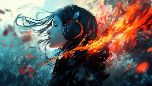 Digital portrait of girl with headphones and fire trail.