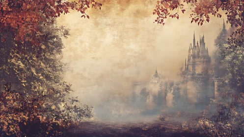 Misty autumn forest opening toward distant castle walls.