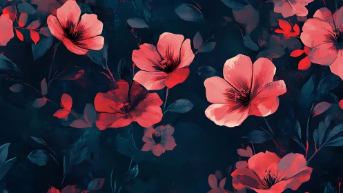 Red and Coral Flowers on Dark Teal Background.