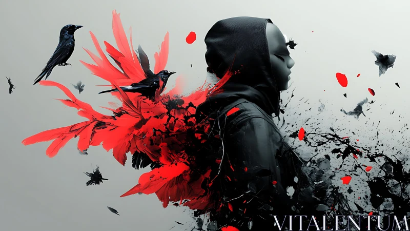 Hooded shadow amid exploding crows and crimson fractures.