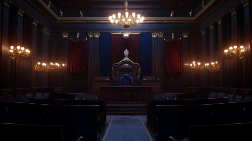 Velvet-draped grand courtroom under solemn chandelier glow.