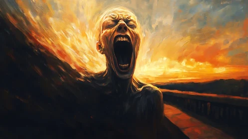 Figure with open mouth against intense sunset background.