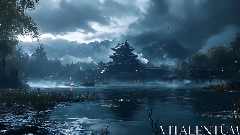 Stormy mountain lake with traditional Japanese temple