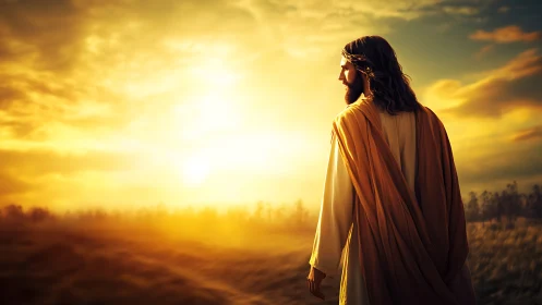 Digital painting of robed figure in radiant sunset landscape.