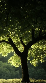 Backlit solitary tree glowing in soft forest light.