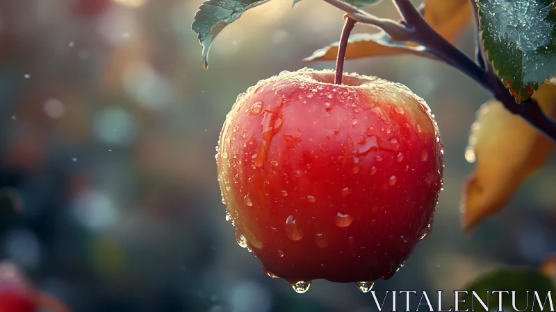 Luminous red apple with dew drops in soft morning bokeh.