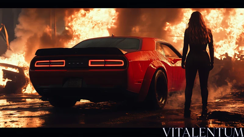 Muscle car standoff amid blazing urban inferno at night.