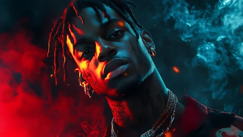 Neon-lit hip-hop portrait renders cinematic red cyan contrast