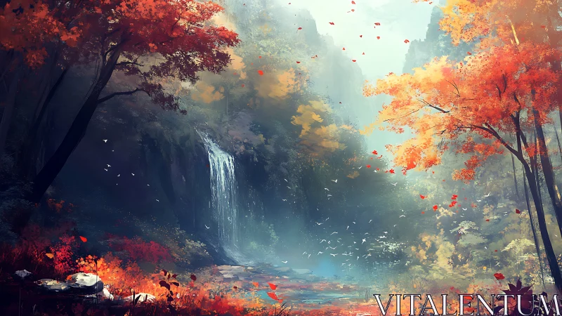 Autumn's Cascade: Where Fire Meets Flowing Water.