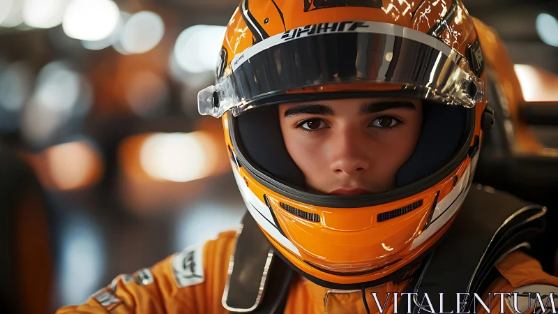 Helmeted racing driver faces camera with shallow depth of field