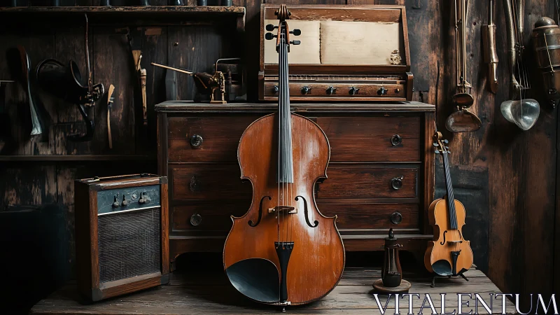 Vintage cello and violin in rustic luthier workshop interior