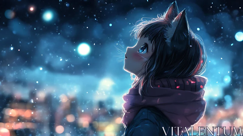 Winter night cat-eared girl gazes up into softly falling snow
