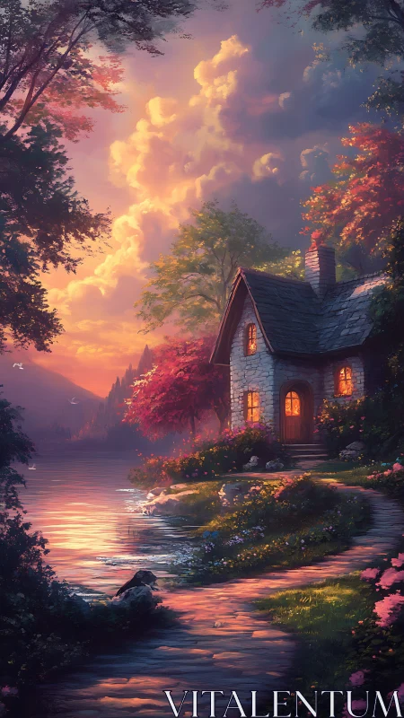 Lakeside twilight cottage aglow beneath storybook clouds.