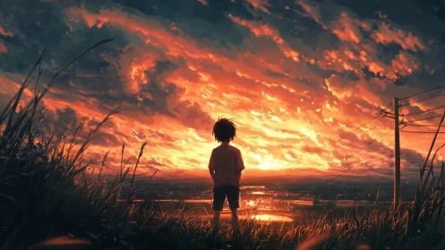 Solitary child watching blazing anime sunset skyscape.