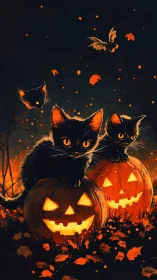 Two Black Cats Celebrate Halloween Among Glowing Jack-o'-Lanterns.