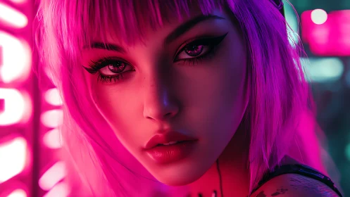 Neon lit close-up portrait of stylized woman in pink light.