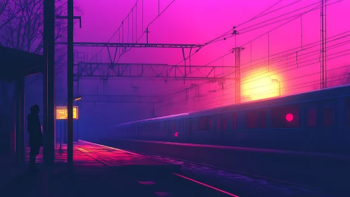 Neon sunset bathes a quiet train platform in vivid glow.