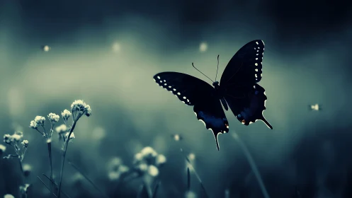 Elegant black butterfly hovering over wildflowers in dreamy light.