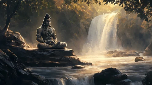 Serene river meditation beside a sunlit forest waterfall.