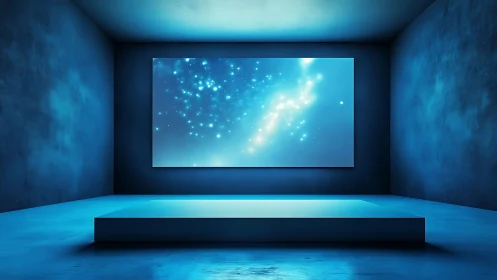 Immersive blue gallery with luminous nebula display
