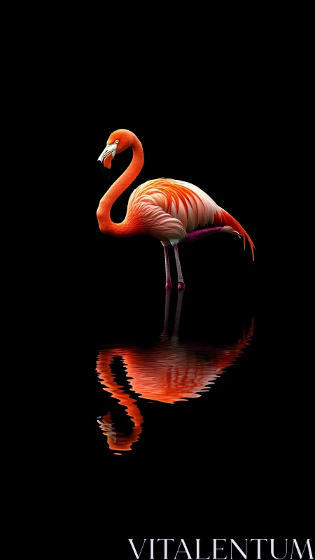 Bright flamingo with water reflection on black background.