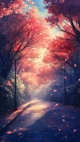 Autumn path under glowing canopy and soft lamplight glow.