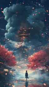 Solitary figure approaches towering pagoda veiled in clouds