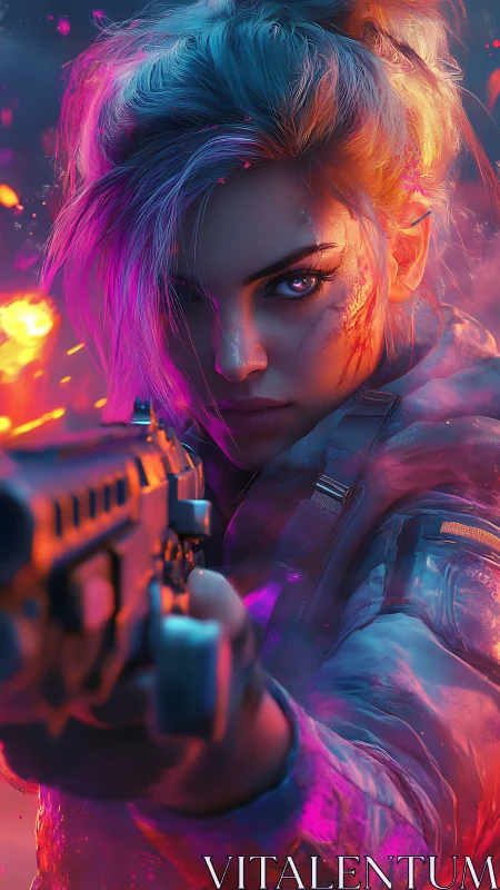 Woman with neon hair aims shotgun in close combat stance