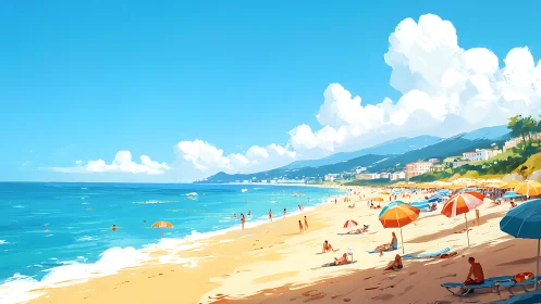 Sunlit umbrellas gossip across a bustling seaside boulevard