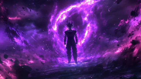 Energetic silhouette before turbulent violet singularity portal.