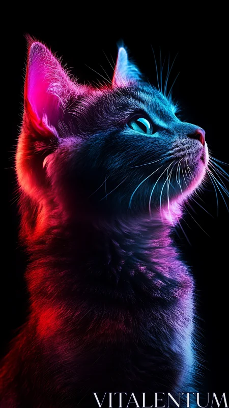 Neon lit cat portrait in vivid blue and red profile view.