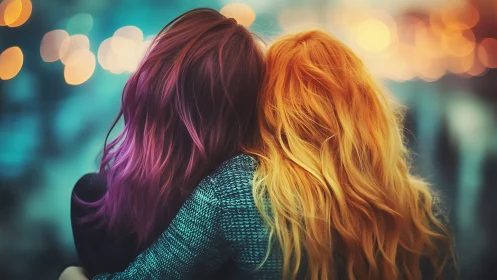 Two friends with vibrant hair under city lights, dreamy bokeh style.