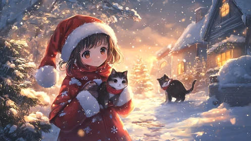 Girl in red coat holding cat on snowy Christmas street.