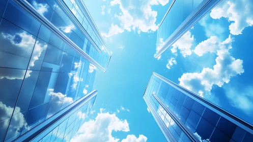 Modern Glass Skyscrapers Against Azure Sky With Clouds