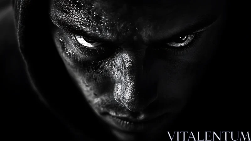 Shadowlit gaze of determination in a stark monochrome closeup.