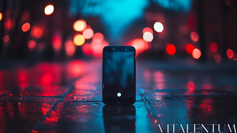 Smartphone on wet city pavement with neon bokeh lights.