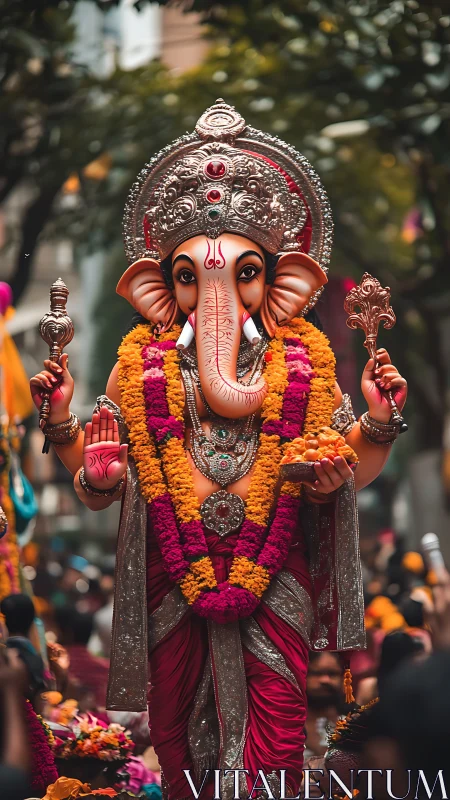 Flower-draped Ganesh idol glows above a jubilant street procession.