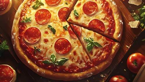 Digital painting of rustic pepperoni pizza on board surface.