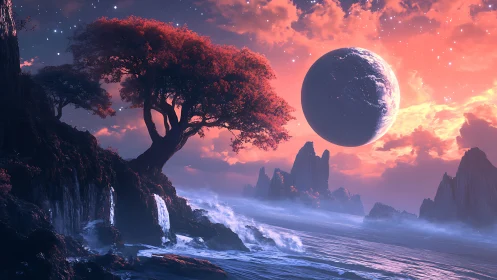 Luminescent alien coastline under large ringed planet at dusk