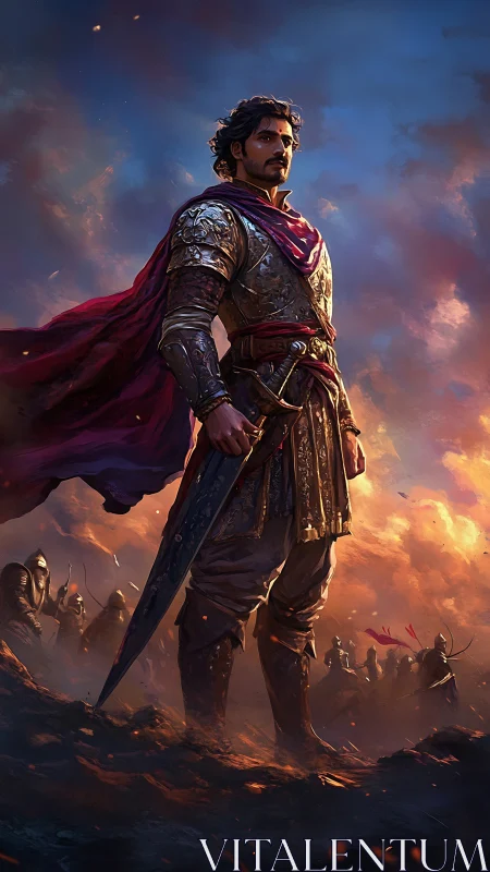 Regal warrior in gilded armor commanding a burning battlefield.