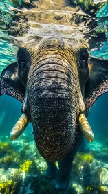 Elephant swimming underwater with clear frontal view.