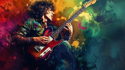 Electric guitarist unleashes color-soaked rock energy onstage.