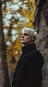 Side profile portrait of person outdoors in autumn setting.