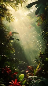 Sunlit jungle sanctuary with lush green leaves and blooms.