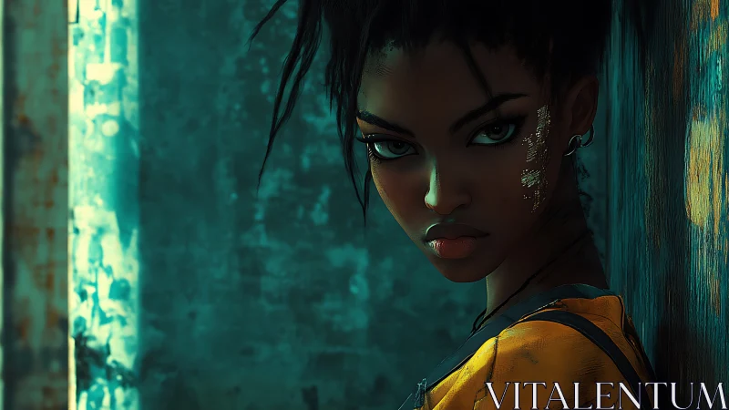 Fierce cyber-styled woman against teal industrial wall.