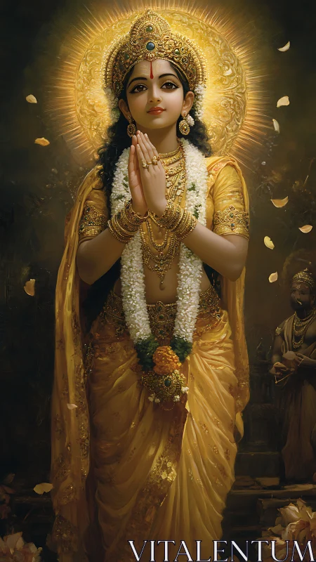 Golden dawn goddess in prayerful stillness and petal light.