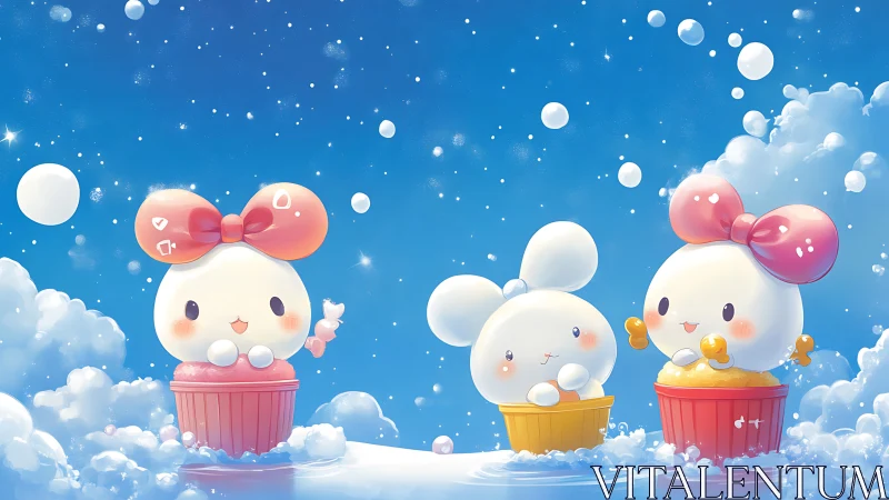 Illustration shows three cupcake-like characters in clouds