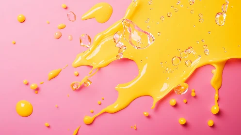 Macro splash of yellow liquid on smooth pastel pink backdrop