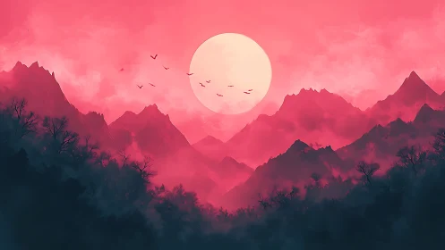 Pink misty mountain range with large sun and birds in sky.