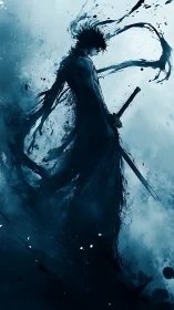 Shadow samurai silhouette in storm of inky energy.